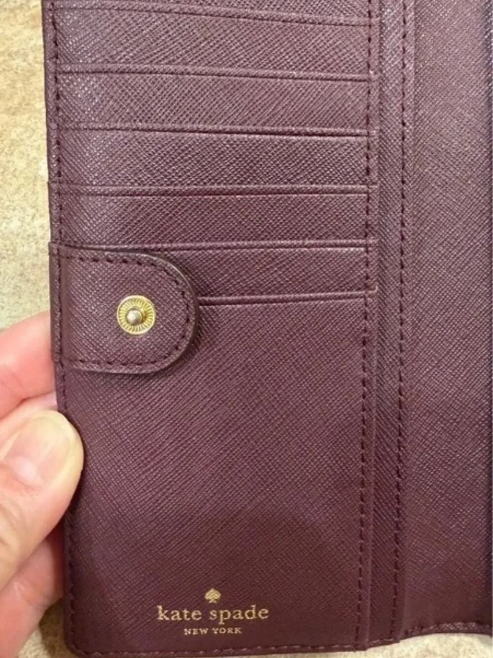kate spade Deep Burgundy Saffiano Leather Long Wallet with Gold Plaque